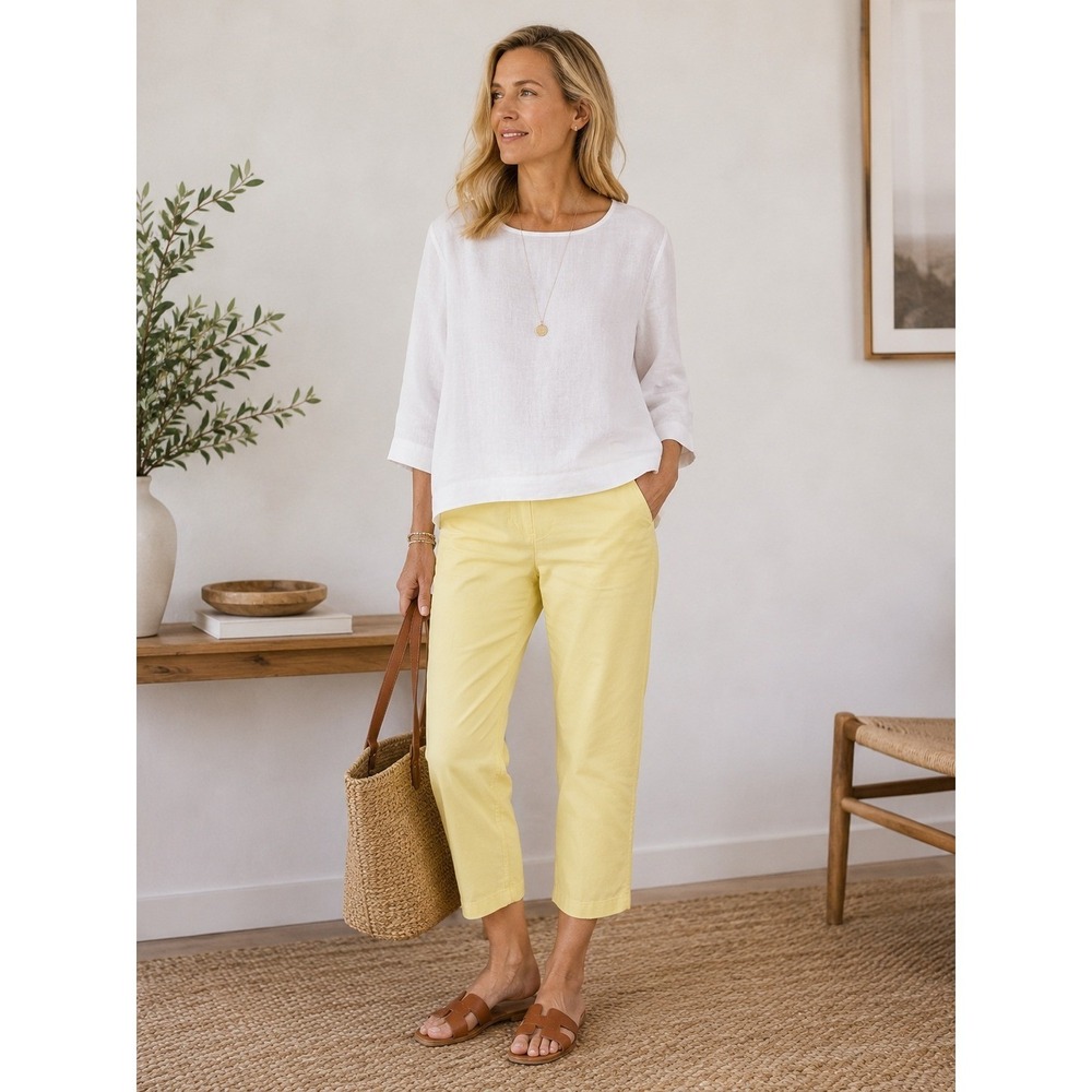 Eileen Fisher Yellow Cropped Straight Leg Pants M Quiet Luxury Coastal
